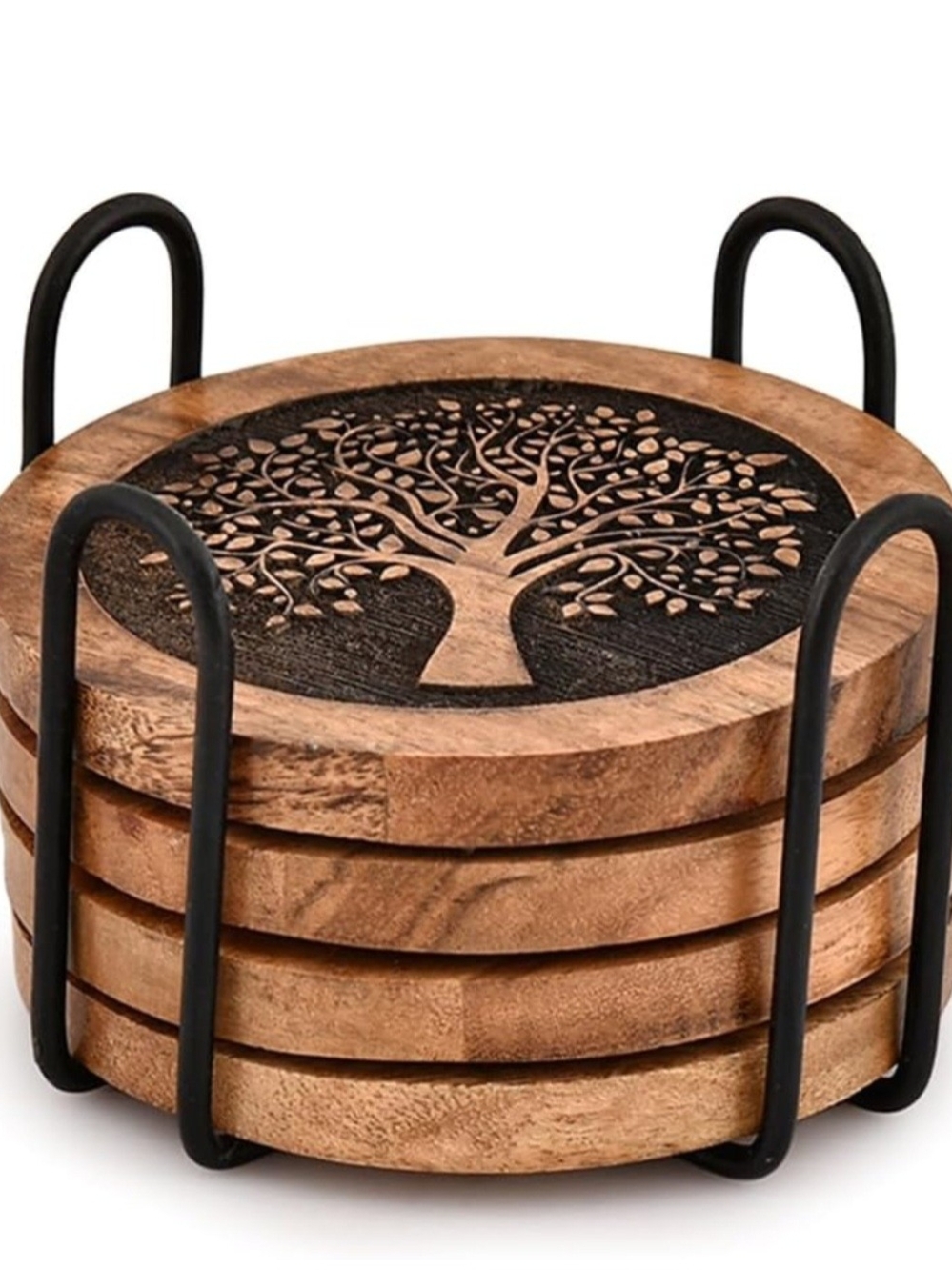 Wooden Tree Carved Coaster Set with Black Holder - Natural Brown